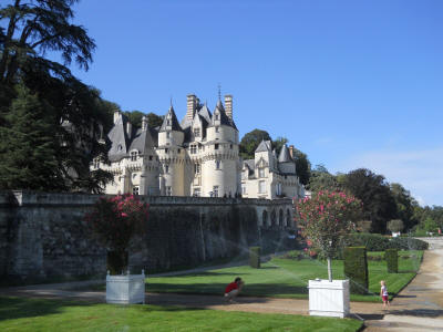 château d'Ussé la Belle au bois dormant en été cèdre terrasses donjon un père photographie son fils au milieu des jardins arrosés